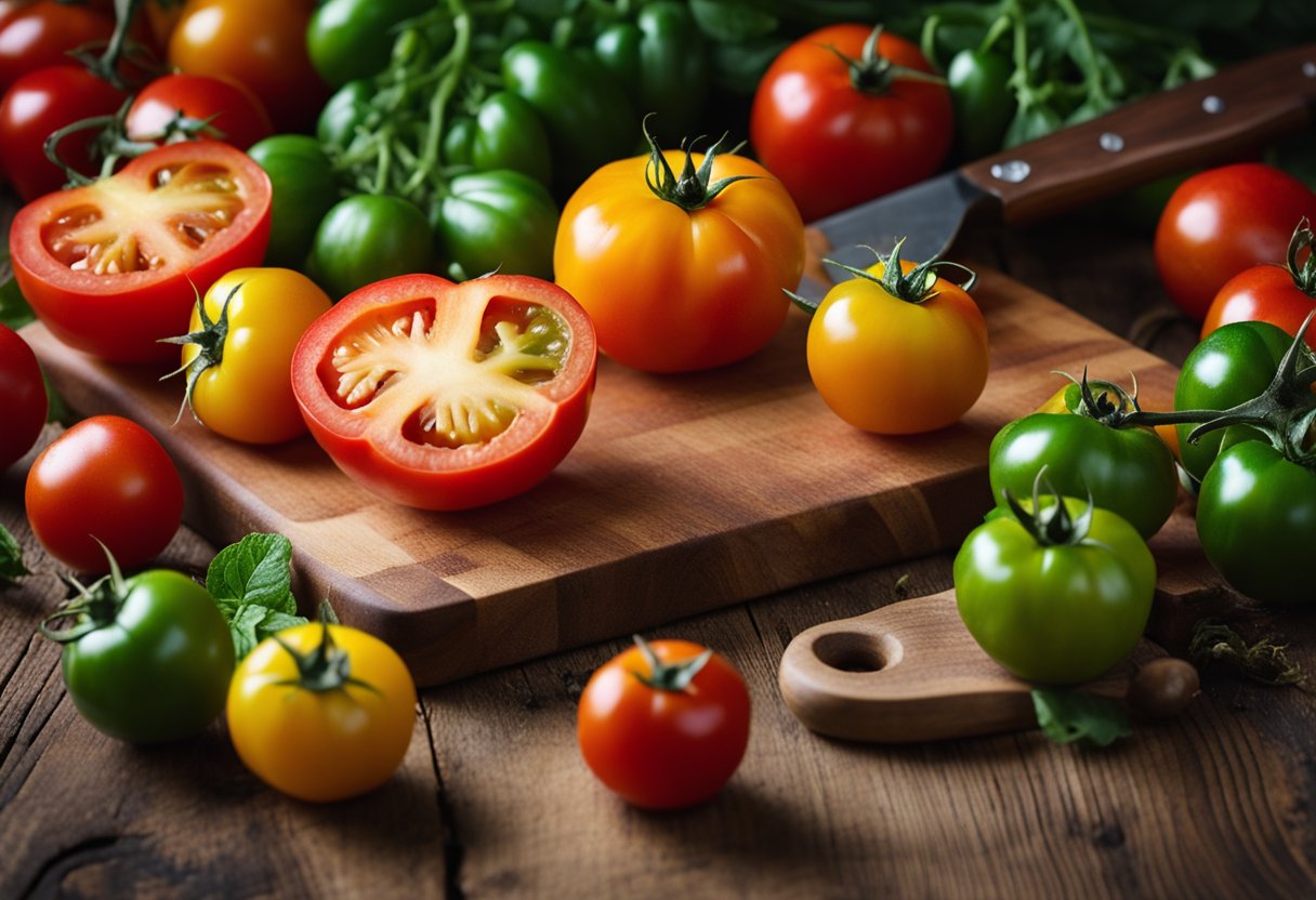 A colorful pile of fresh tomatoes, with vibrant red, yellow, and green hues, sits on a rustic wooden cutting board. A knife and cutting board are nearby, ready for preparation