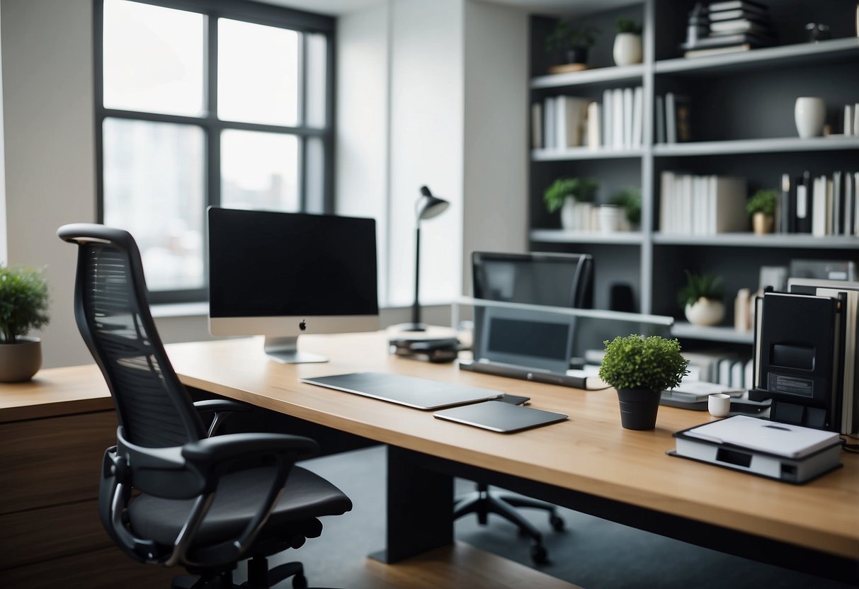 A modern office with a sleek desk, ergonomic chair, and organized shelves displaying FAQ materials