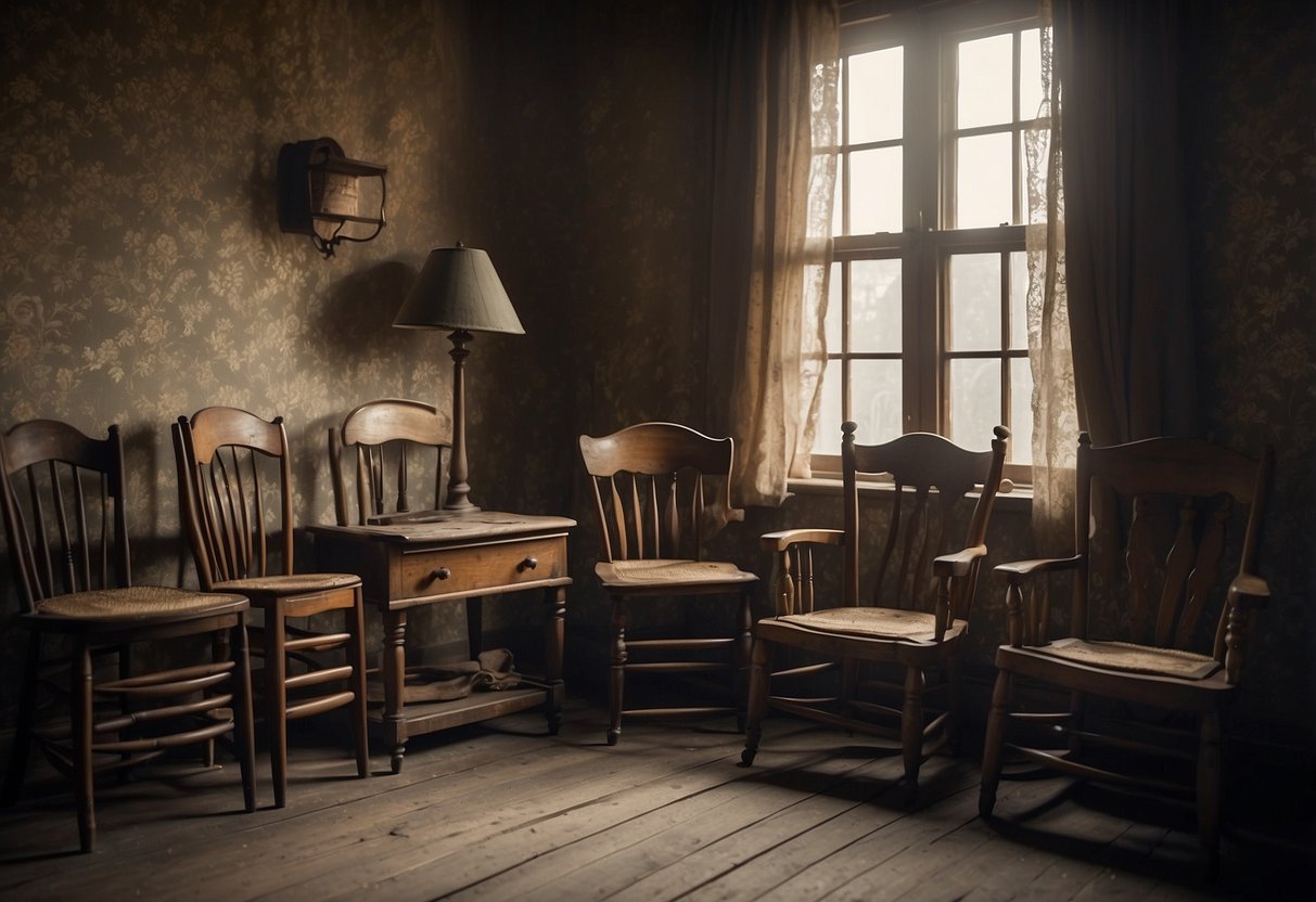 Antique chairs, a weathered table, and a worn-out cabinet fill the dimly lit room, surrounded by faded wallpaper and dusty floorboards