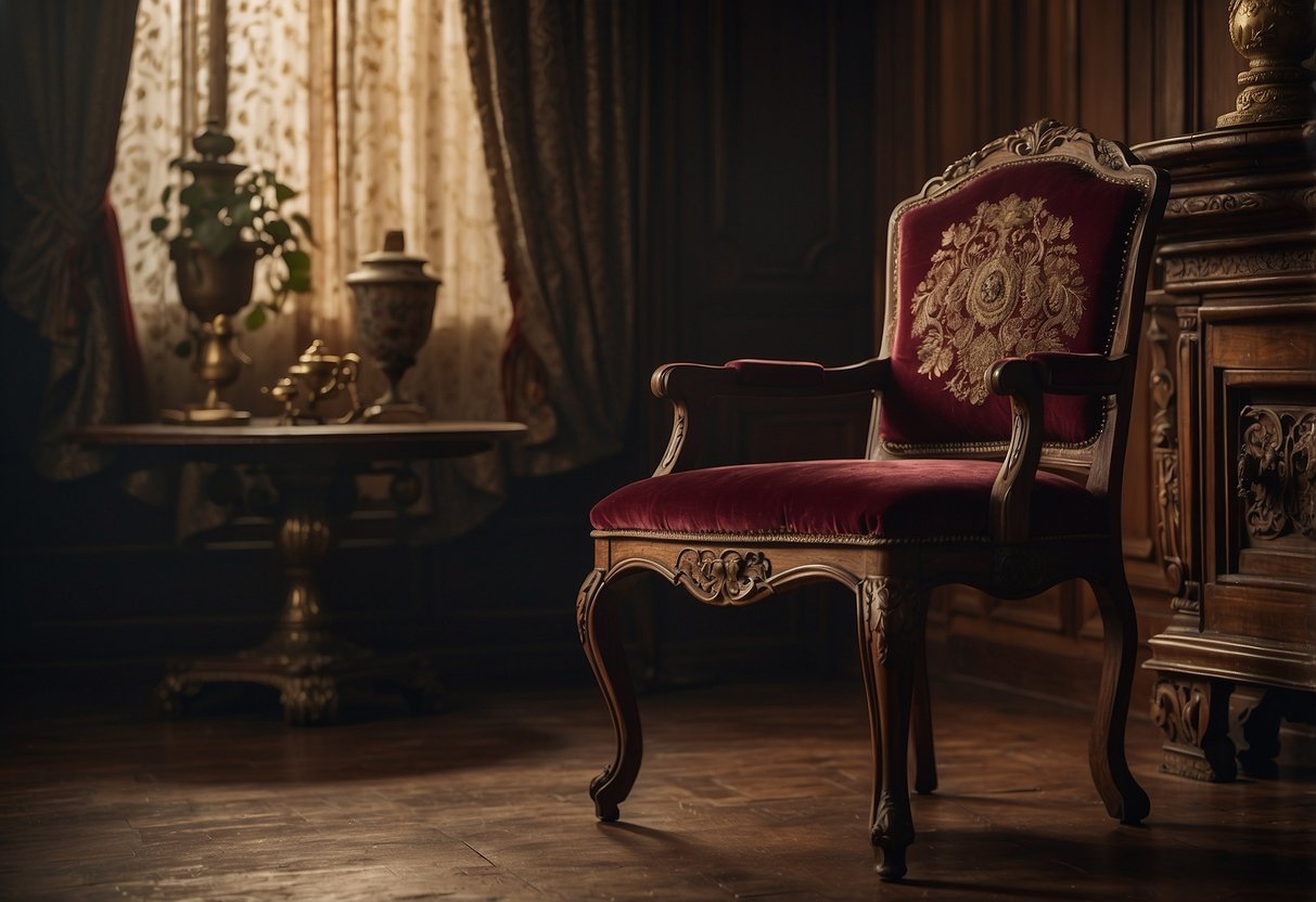 An old, weathered oak table sits in a dimly lit room, adorned with intricate carvings and brass hardware. A dusty, velvet armchair stands nearby, its rich burgundy upholstery faded with age