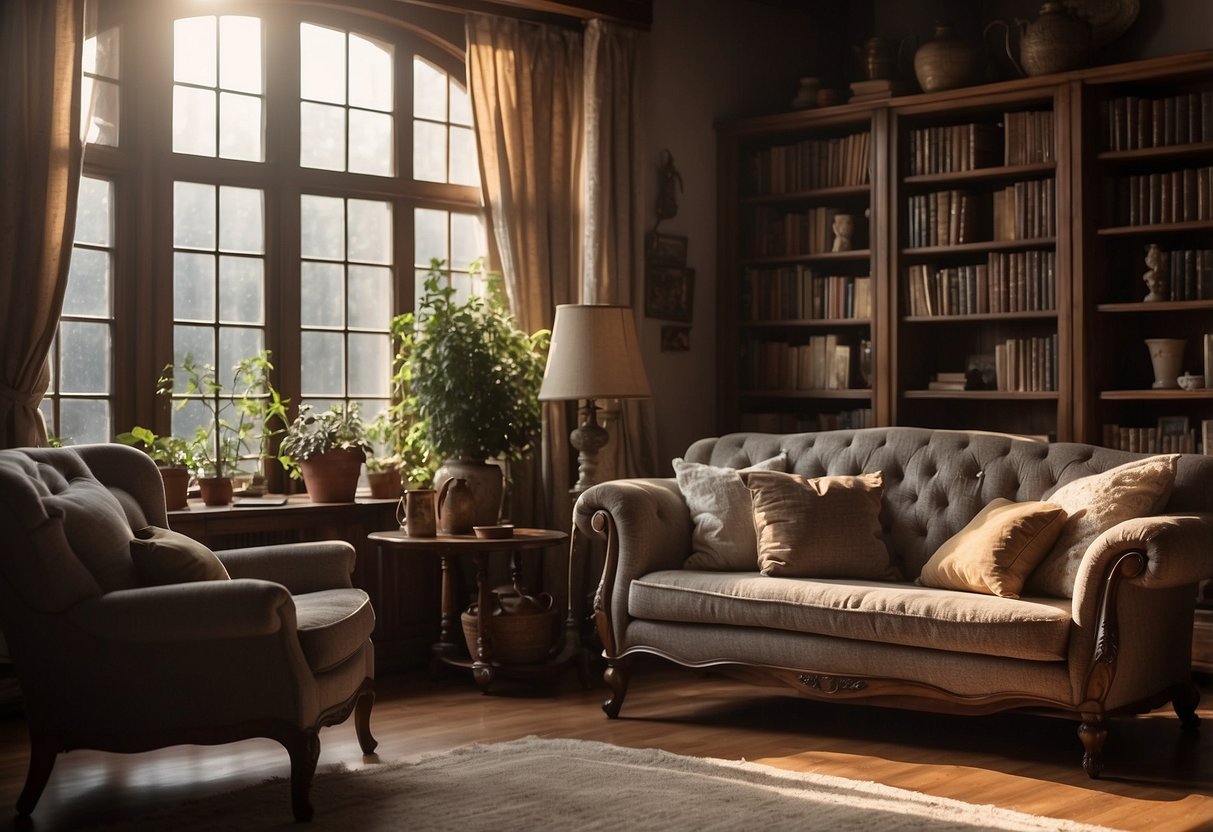 A cozy living room with shelves of antique furniture. A gentle light filters through the window, illuminating the worn but well-loved pieces. Dusting cloths and polish sit nearby, ready for use