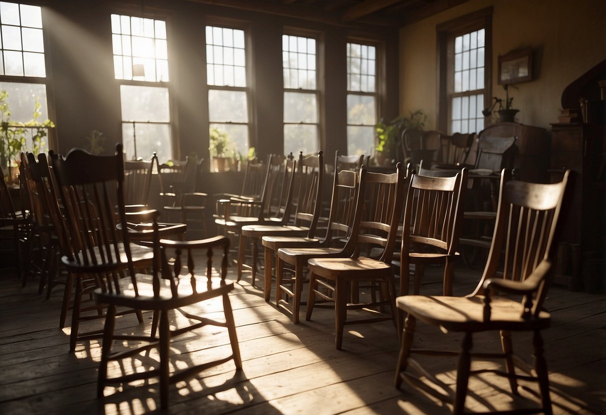 A dusty attic filled with antique chairs, tables, and cabinets. Sunlight filters through the cobweb-covered windows, casting long shadows on the worn, weathered furniture