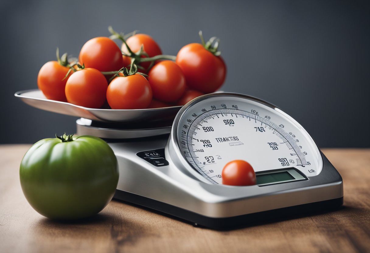 A scale with a pound weight and a pile of tomatoes next to it