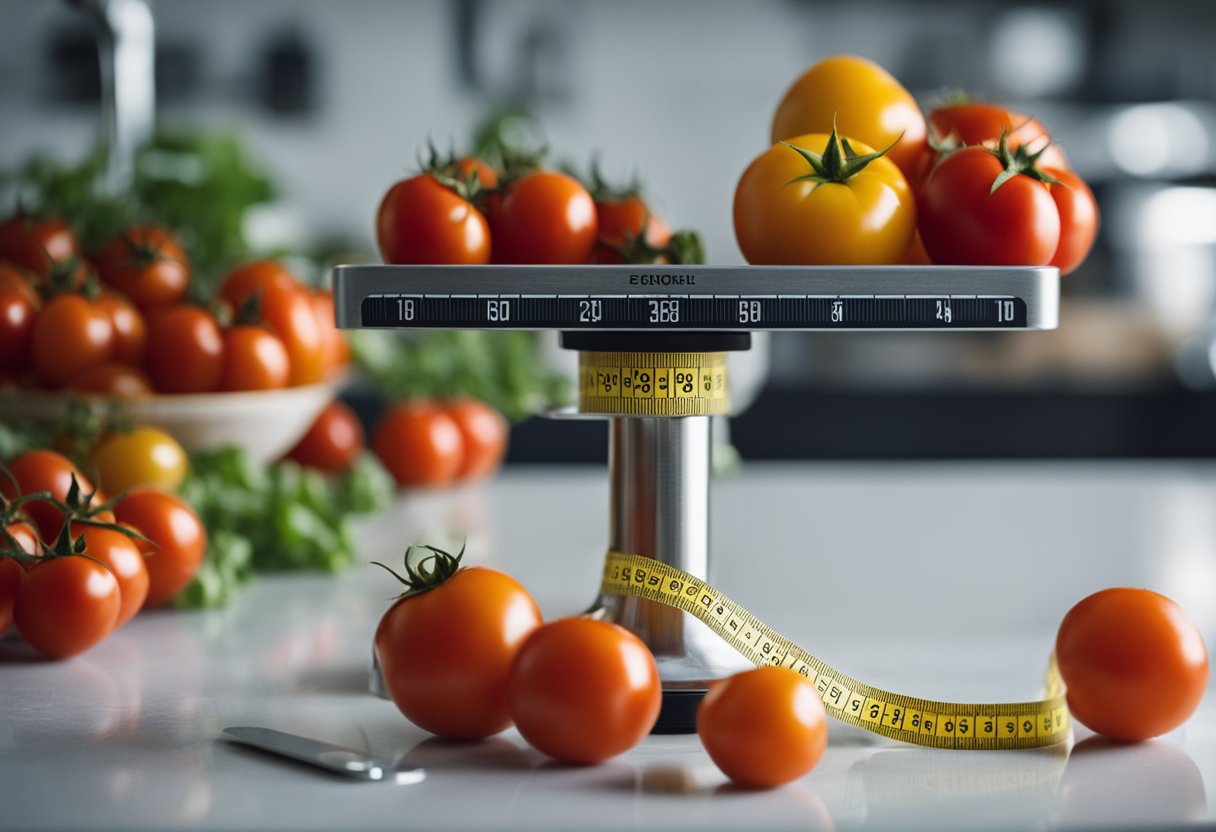 A scale with a pound of tomatoes and a measuring tape