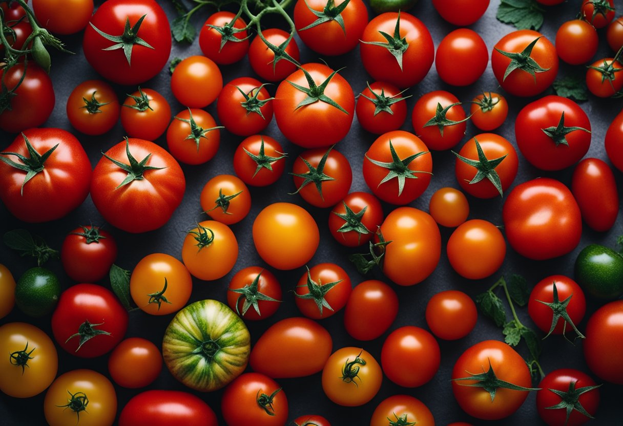 A variety of tomatoes in different sizes, ranging from small cherry tomatoes to large beefsteak tomatoes, are arranged in a pile. A scale shows the weight of one pound of tomatoes