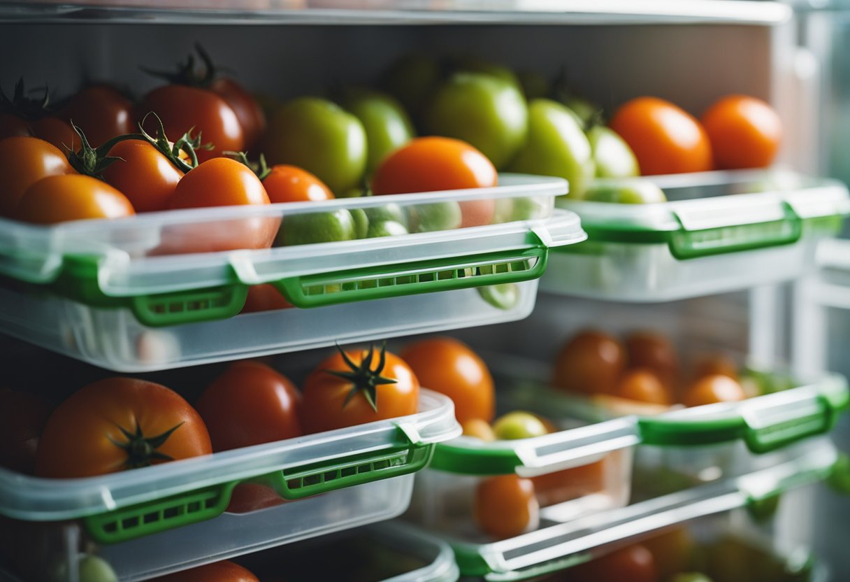 Tomatoes in a sealed container in the fridge, away from direct sunlight