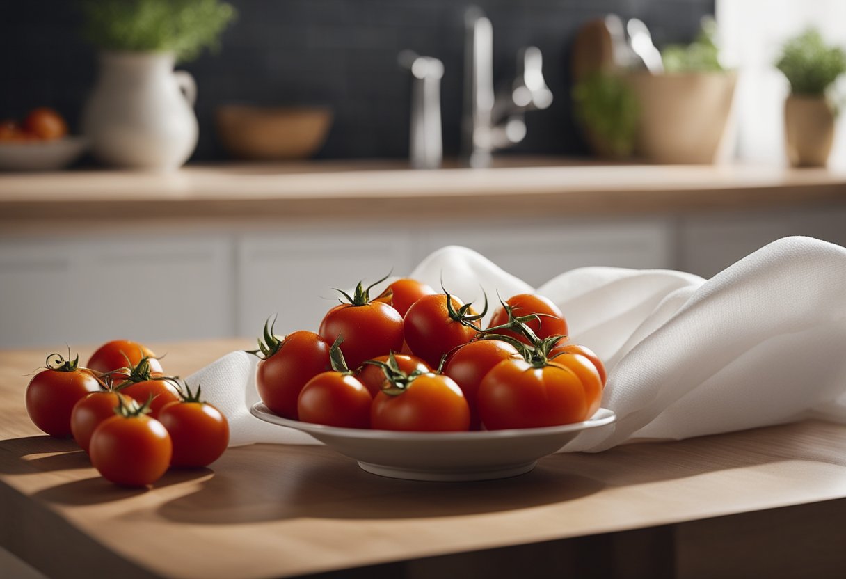 A bowl of freshly cut tomatoes sits on a clean, dry surface, covered with a light cloth to protect them from air and moisture