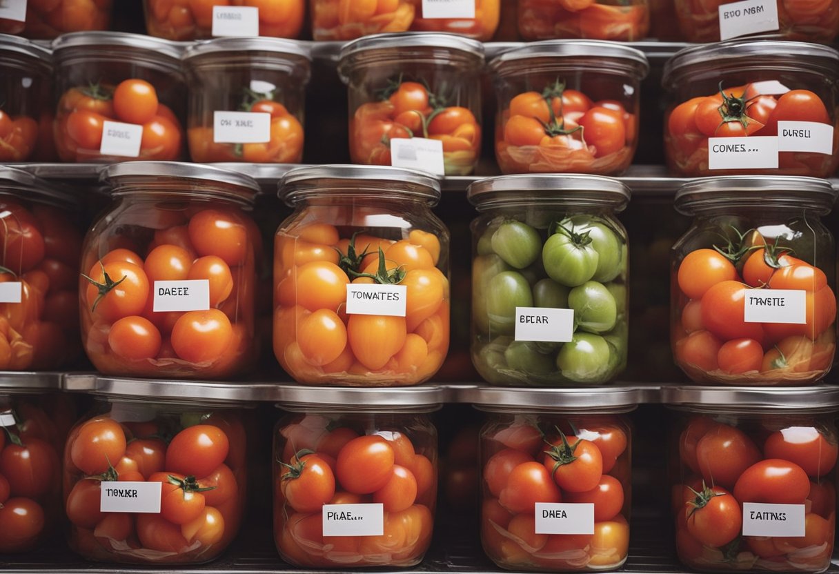 Tomatoes being sliced and placed in airtight containers. Labels indicate date and contents. Shelves organized by type and date