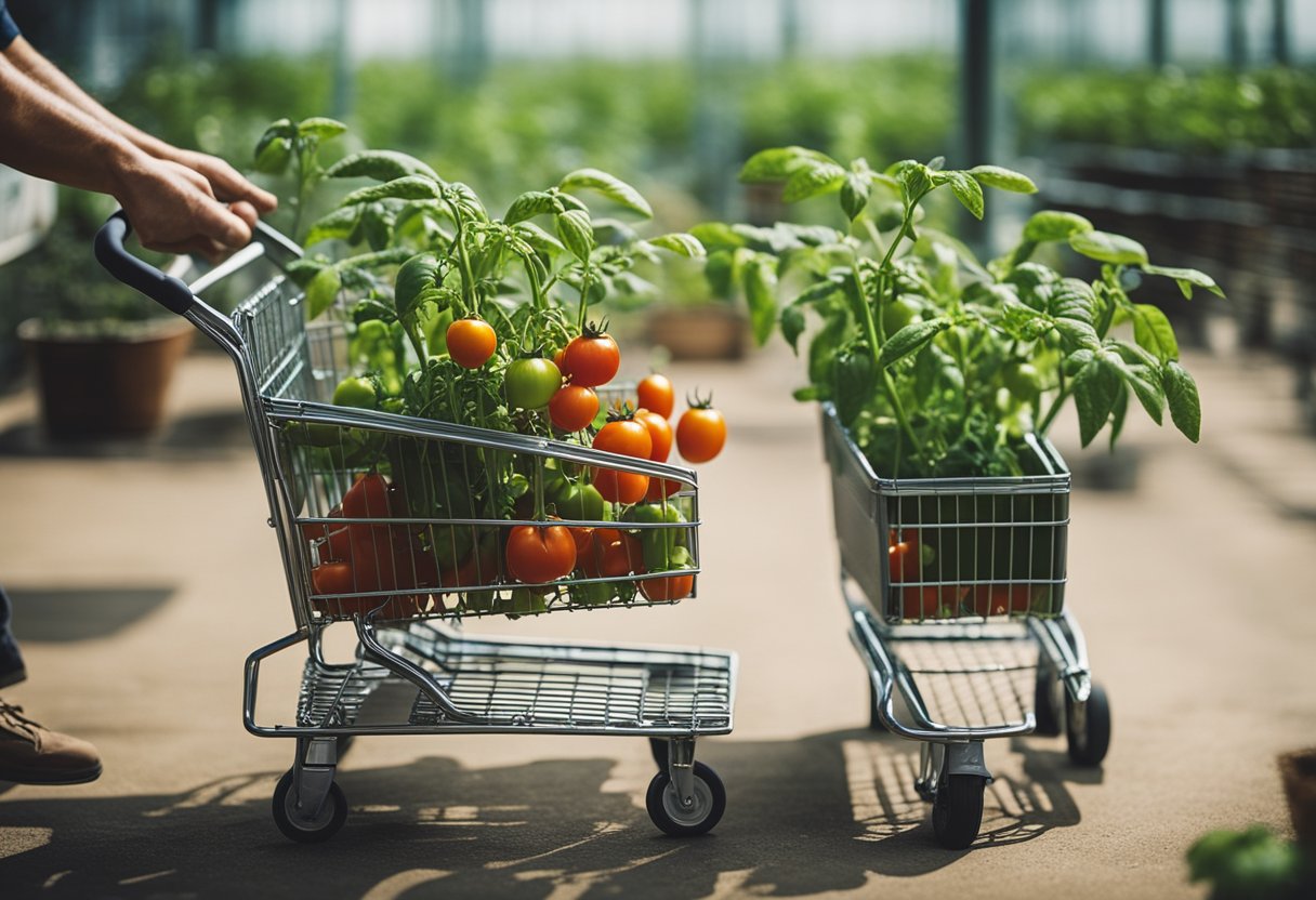 A person placing a tomato plant in a shopping cart at a garden center