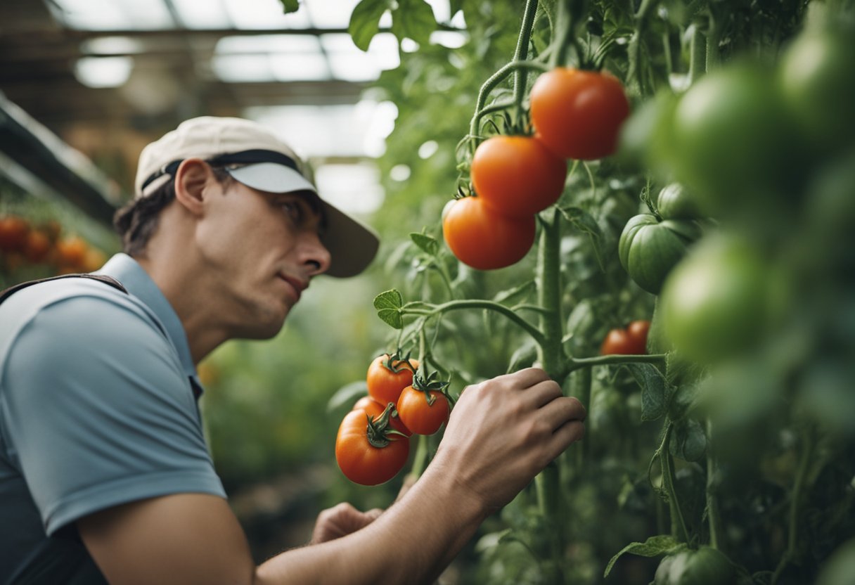 A person carefully selects a healthy tomato plant from a variety of options at a garden center, examining the leaves and stems for signs of disease or damage