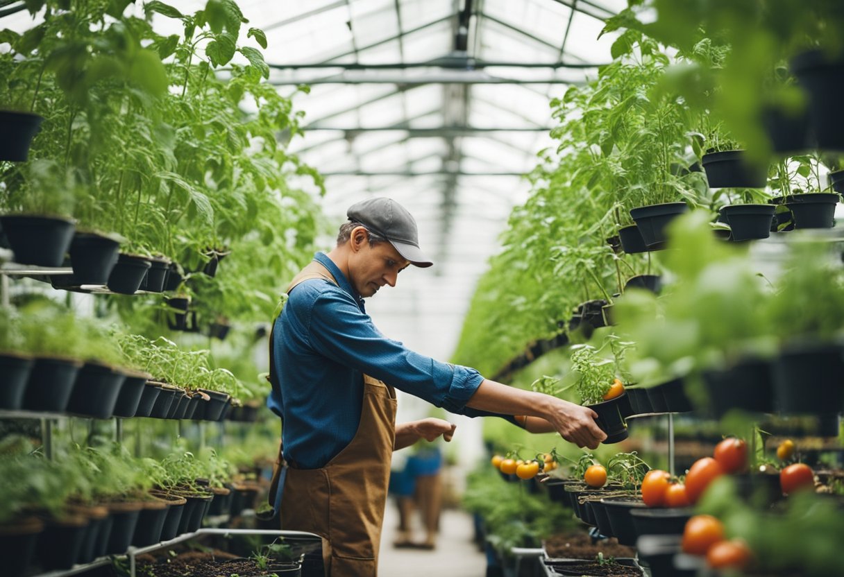 A customer selects a healthy tomato plant from a row of potted plants at a garden center