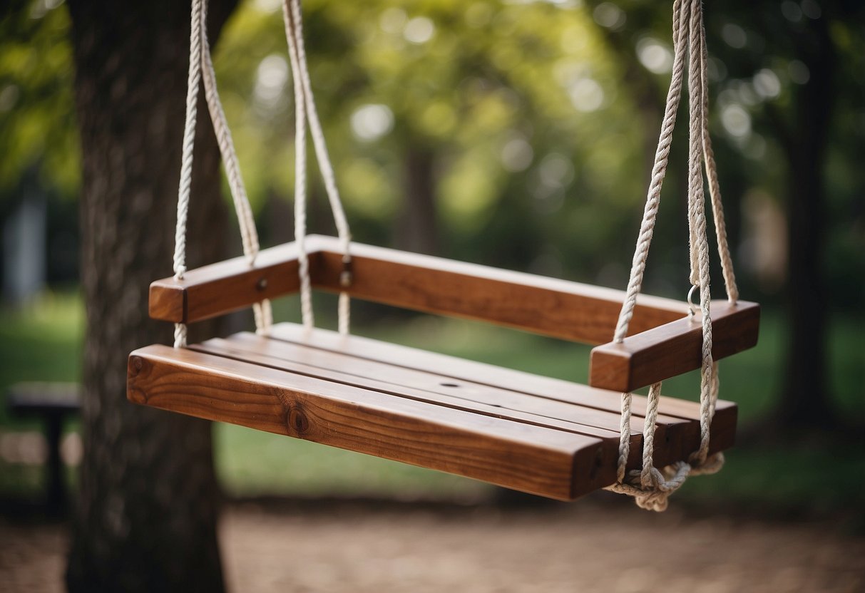 A wooden outdoor furniture swing hangs from a sturdy tree branch, swaying gently in the breeze