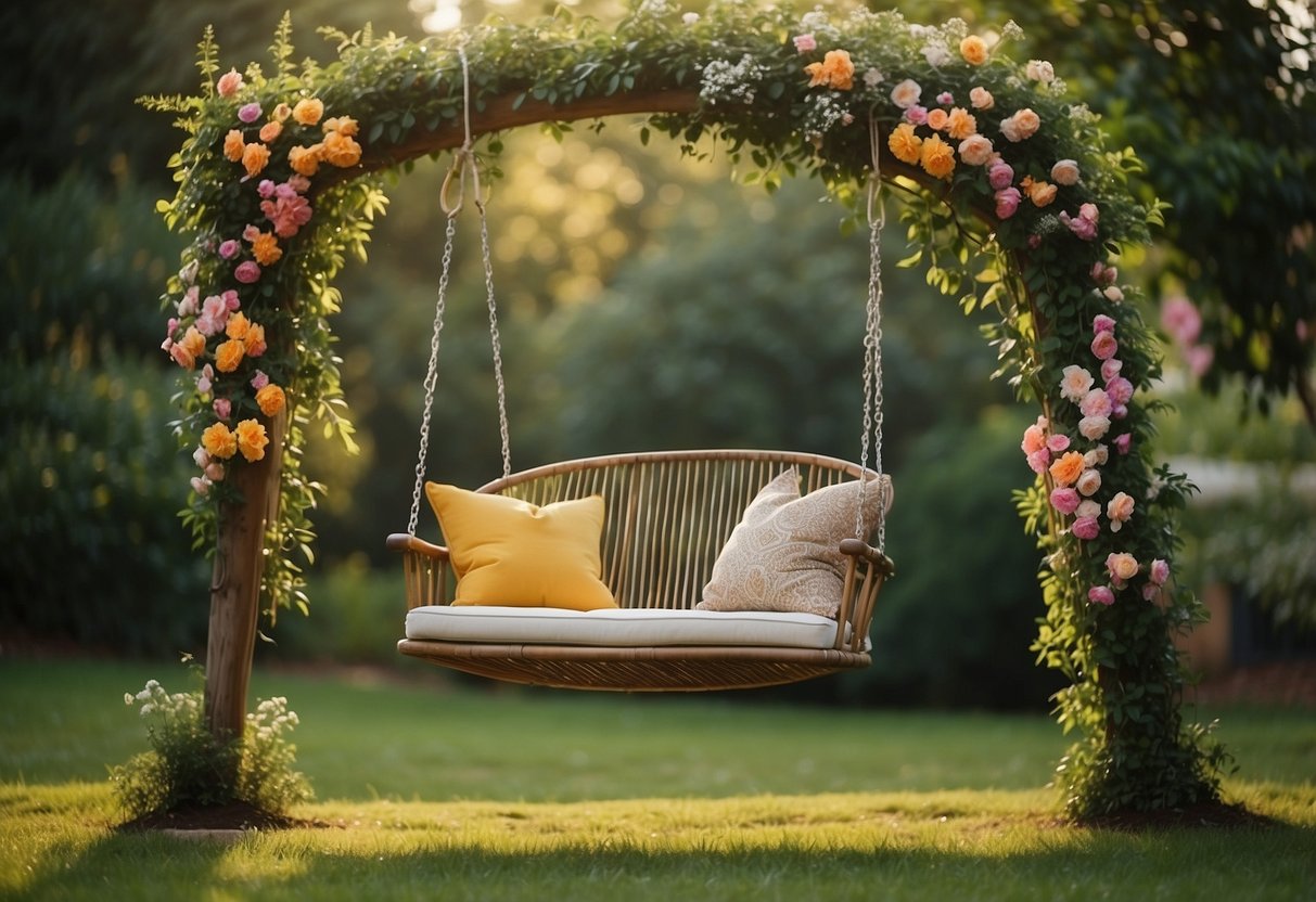 A cozy outdoor swing hangs from a sturdy branch, surrounded by lush greenery and colorful flowers, creating a peaceful and inviting atmosphere