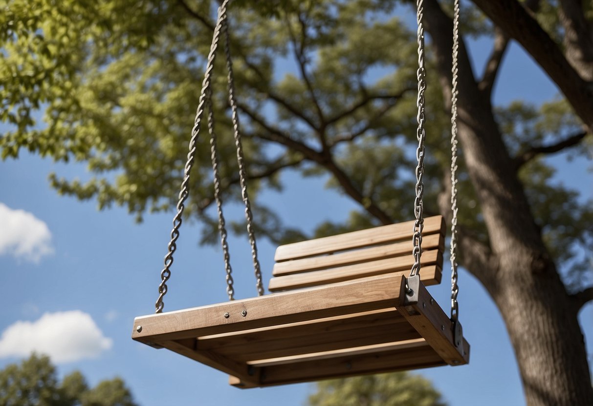 An outdoor swing is being installed and maintained, with tools and hardware scattered around. The swing is surrounded by trees and greenery, with a clear blue sky in the background