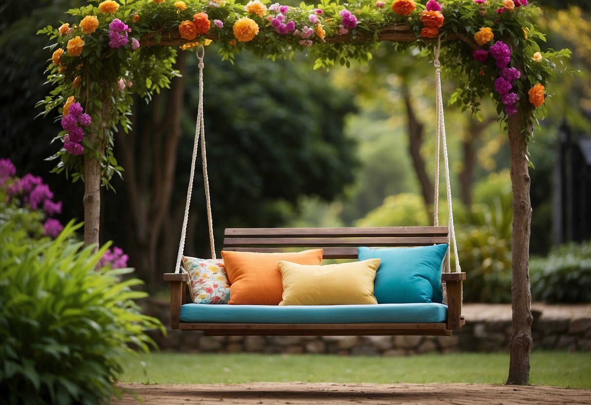 A wooden outdoor swing hangs from a sturdy tree branch, surrounded by lush greenery and colorful flowers. The swing is adorned with comfortable cushions and a canopy to provide shade
