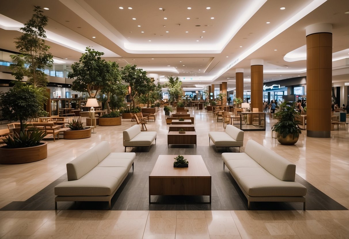 The park mall is filled with modern furniture, including benches, tables, and chairs, arranged in a spacious and inviting layout