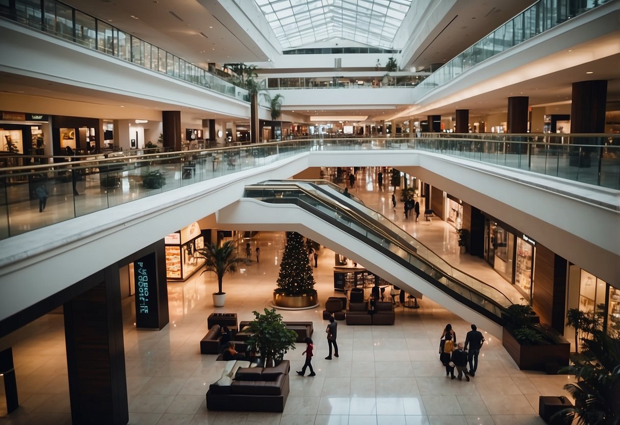 A busy mall with sleek furniture displays and vibrant shopping services