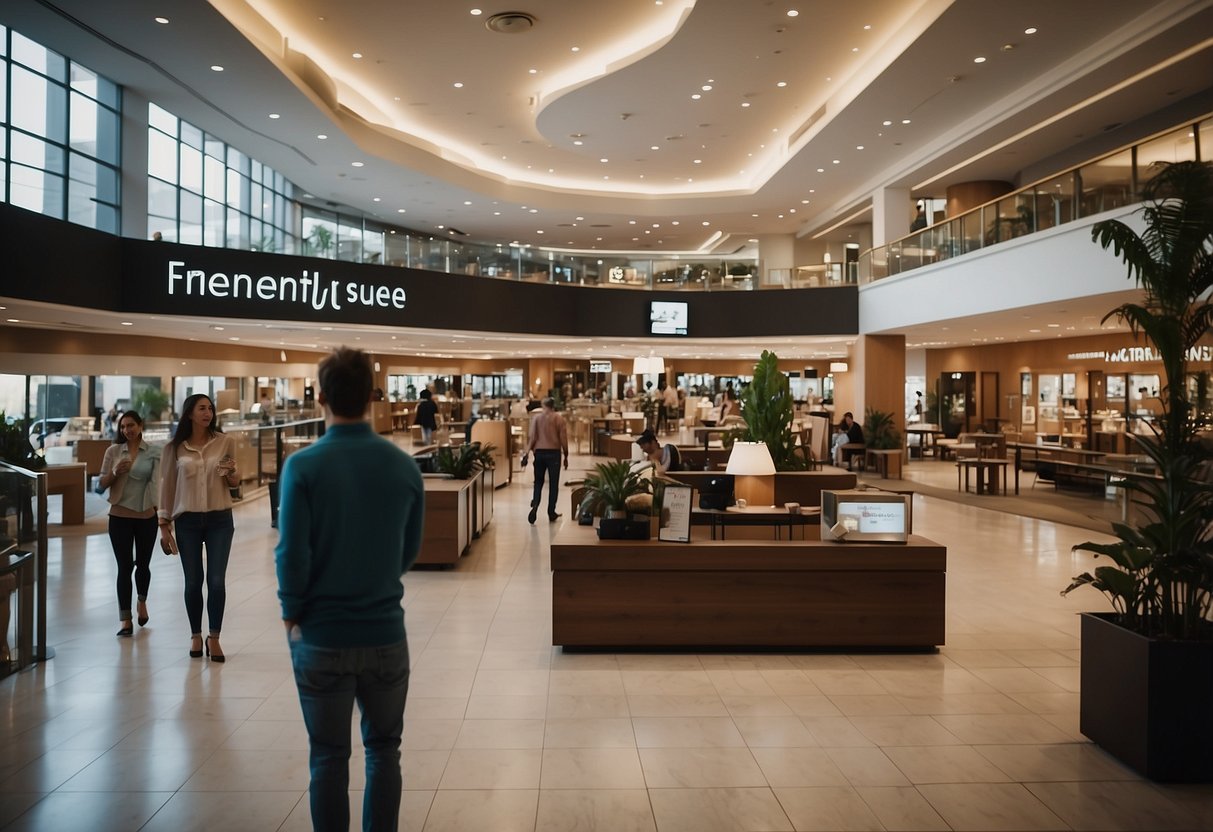 A bustling mall furniture store with customers browsing, staff assisting, and a prominent "Frequently Asked Questions" sign displayed near the entrance