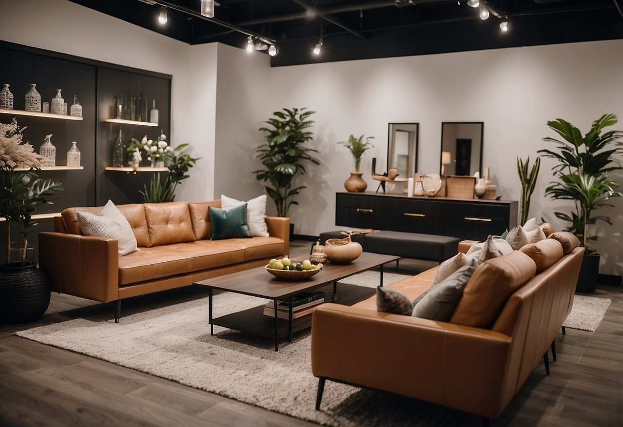 A welcoming showroom with modern furniture displays, friendly staff assisting customers, and a cozy lounge area for a comfortable shopping experience