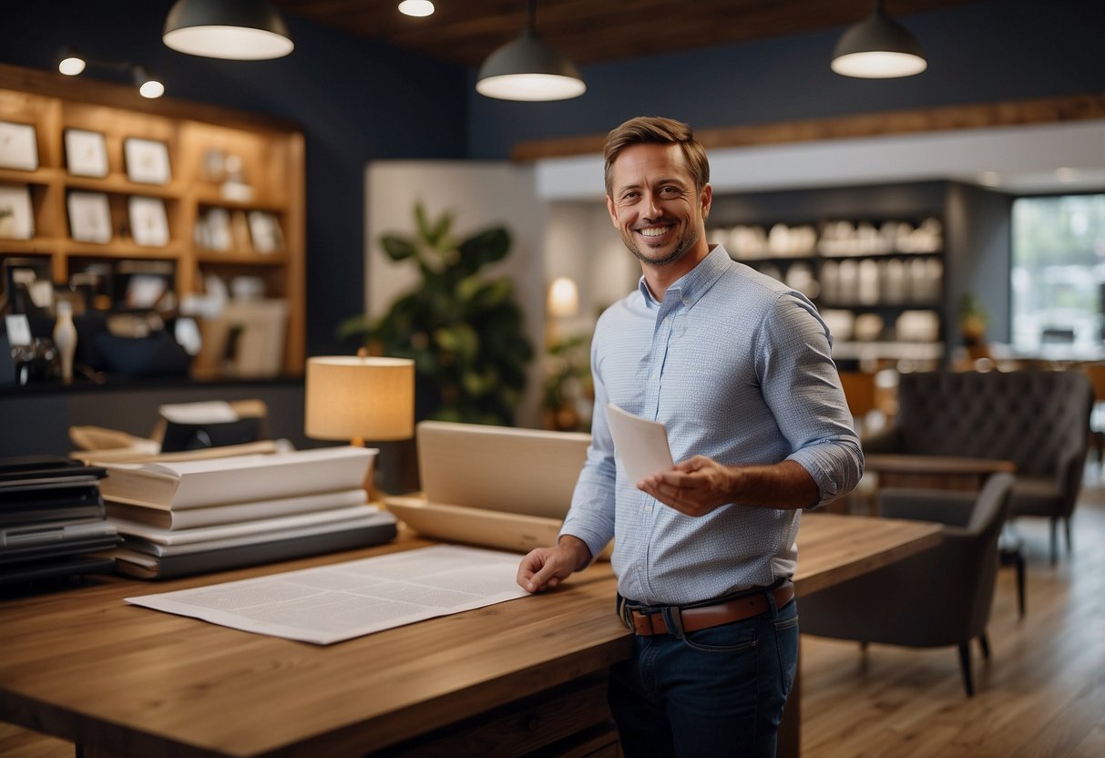 A customer browsing through a list of frequently asked questions about Phillips Furniture, with a helpful representative standing by to assist