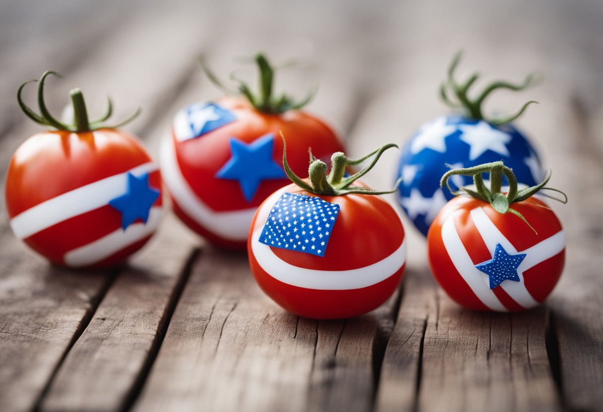 A ripe tomato adorned with red, white, and blue decorations for Fourth of July celebration