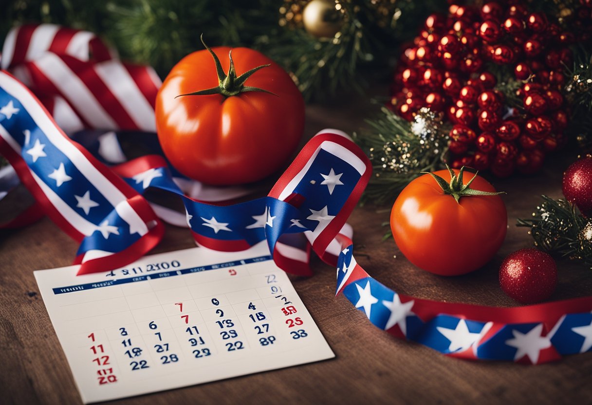 A ripe tomato sits on a table, surrounded by festive decorations and a calendar showing July 4th. The tomato is adorned with red, white, and blue ribbons, symbolizing the spirit of Independence Day