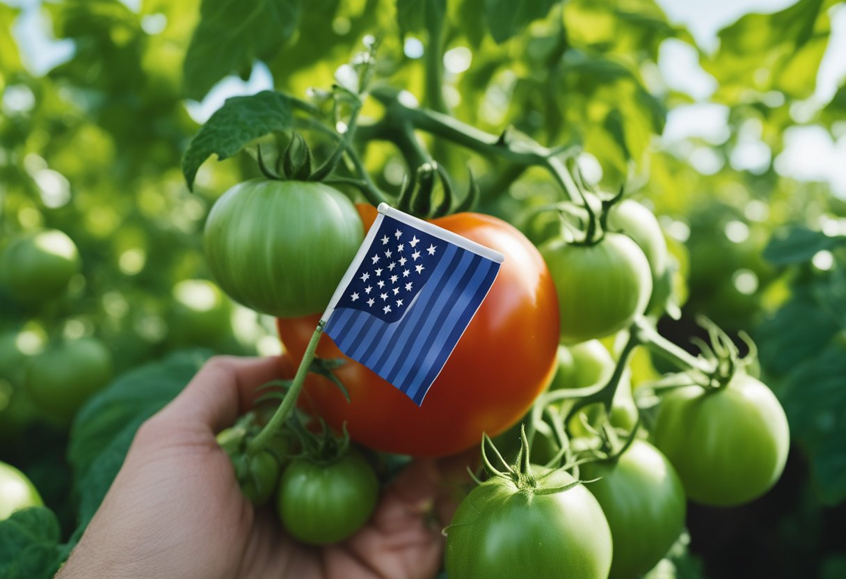 A ripe red tomato with a small American flag stuck in it, surrounded by lush green tomato plants, under a sunny blue sky