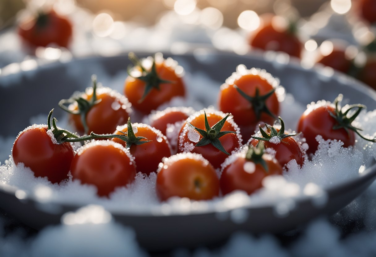 Cherry tomatoes sit in a bowl, covered in frost. Ice crystals glisten on their red skins