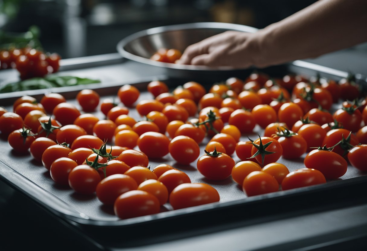 Ripe cherry tomatoes being placed on a baking sheet, then carefully arranged in a single layer before being placed in the freezer