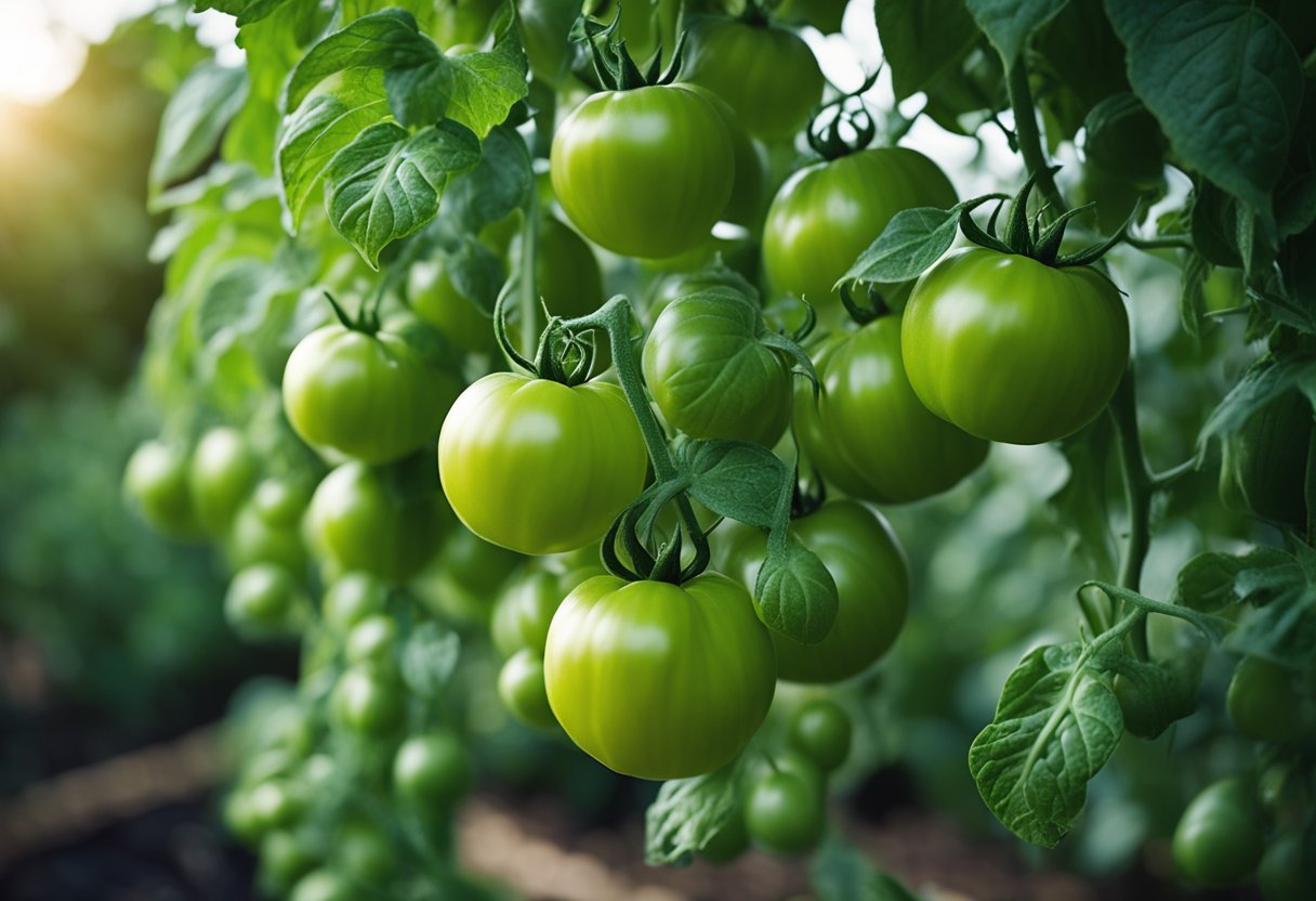 Vibrant green tomato plants cascade from hanging baskets, their ripe fruit peeking out among the leaves