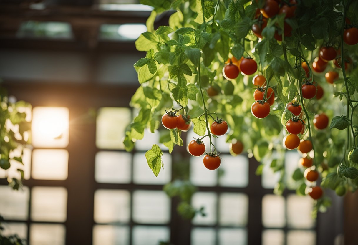 Lush green vines dangle from the ceiling, adorned with plump, ripe tomatoes. The sunlight streams in, casting a warm glow on the bountiful hanging plants