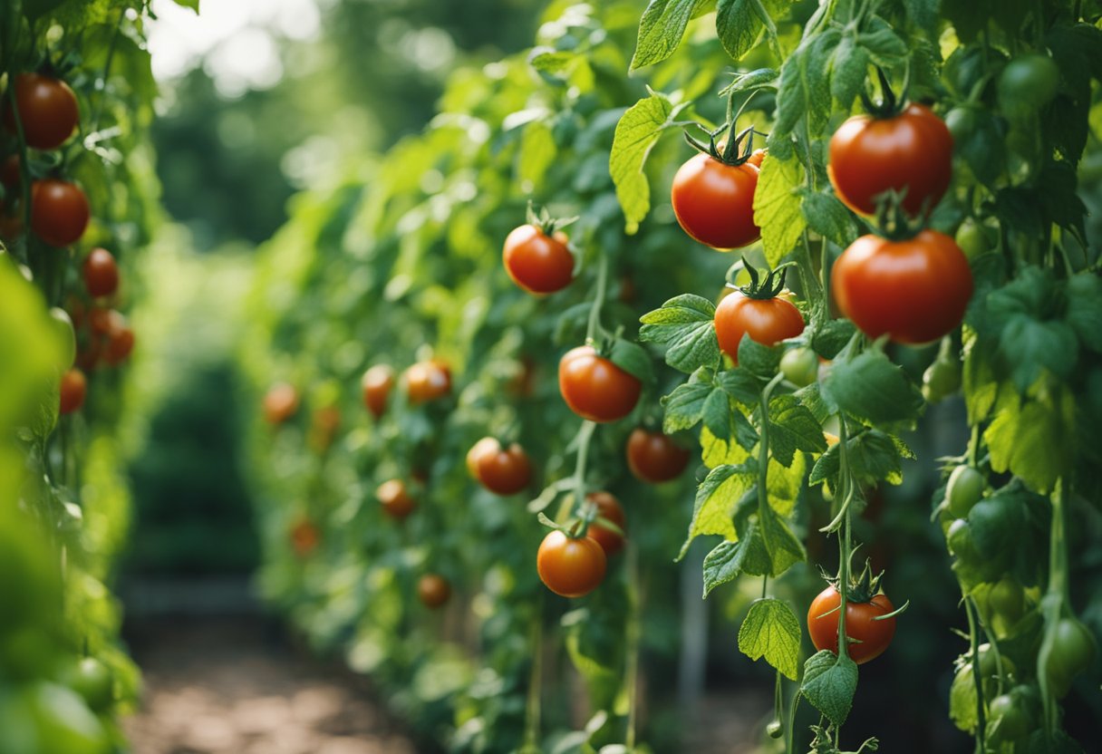 Tomato plants hang from sturdy hooks, surrounded by lush green foliage and vibrant red fruits. Stakes and strings support the dangling vines, creating a picturesque hanging garden