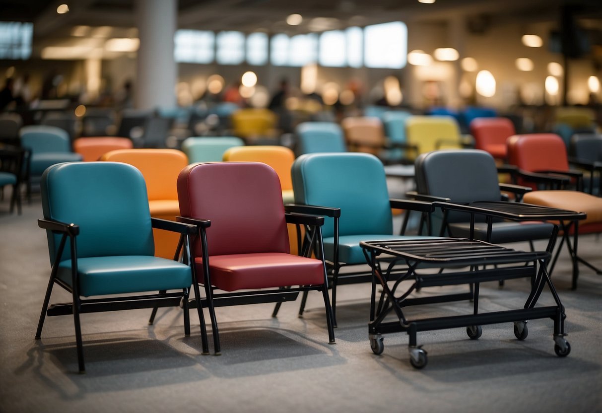 Portable furniture arranged in a compact, organized manner. Foldable chairs, collapsible tables, and stackable shelves. Easy to carry and set up