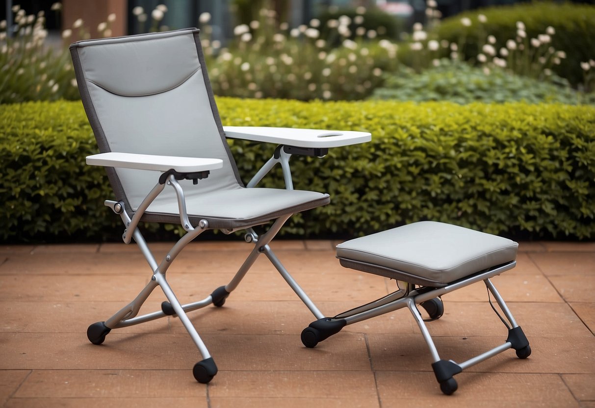A foldable chair and table set in a compact, modern design. The chair has a sleek, ergonomic shape, and the table features adjustable height and storage compartments