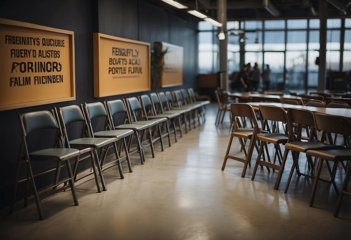 A stack of foldable chairs and tables next to a sign reading "Frequently Asked Questions portable furniture."