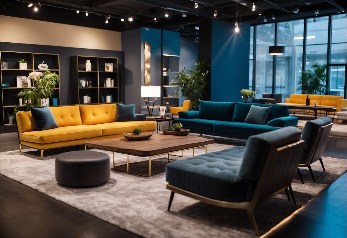 A showroom displays modern furniture in sleek designs and vibrant colors for public furniture companies