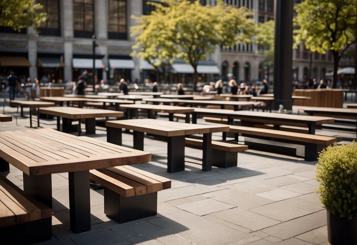 A bustling city square with sleek, modern benches and tables from various public furniture companies. Clean lines and contemporary designs create a welcoming and functional outdoor space