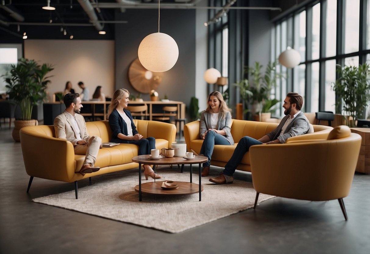 A diverse group of people interacting with modern, comfortable and stylish furniture in a spacious, well-lit showroom