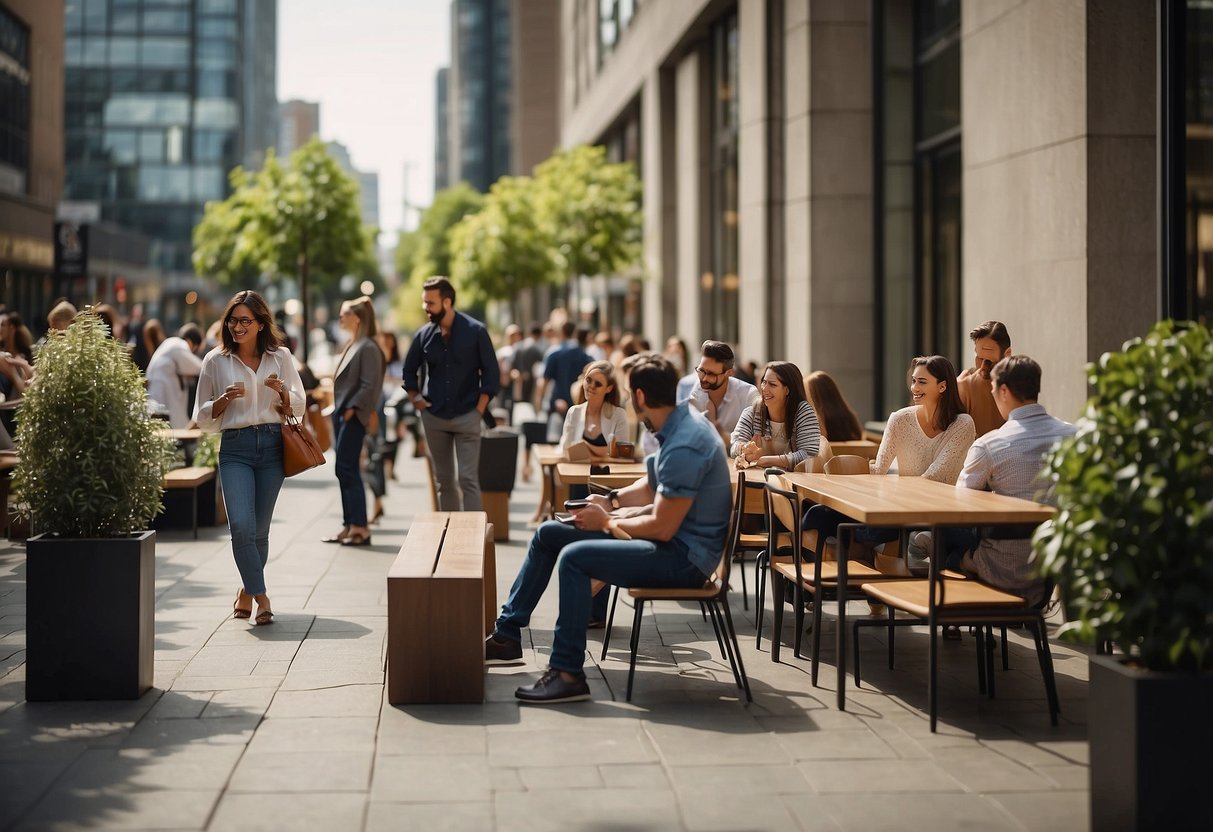 A crowded public space with people interacting with various furniture pieces, such as benches, tables, and chairs. Signs with "Frequently Asked Questions" are displayed prominently
