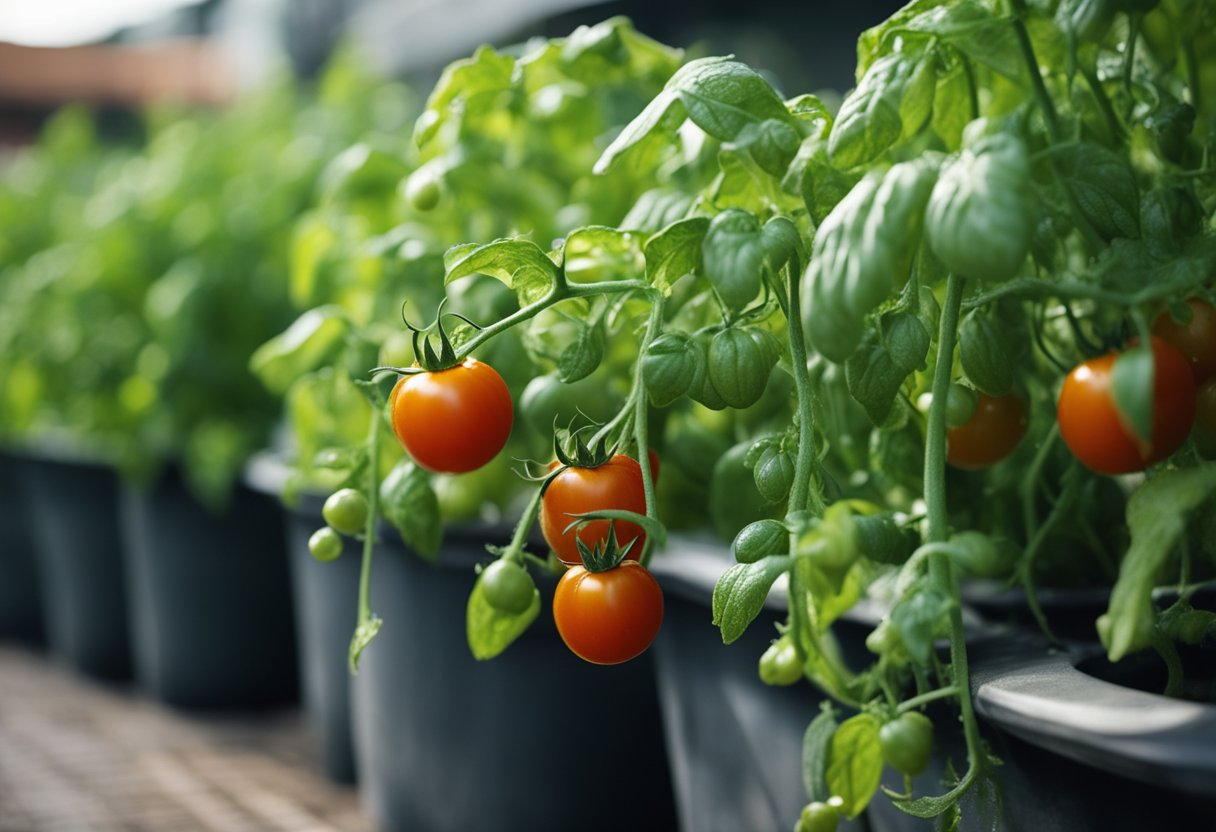 Lush tomato plants droop under the weight of excess water, leaves curling and yellowing