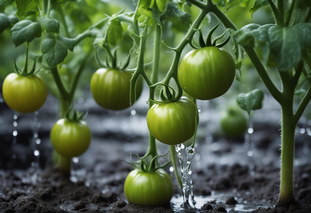 Lush green tomato plants droop and wilt in waterlogged soil, with standing water pooling around their roots