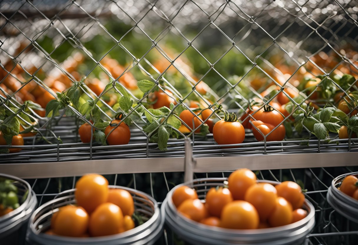 Various tomato cages stacked in rows at Home Depot, ranging from metal to wooden designs. Bright store lighting highlights the different shapes and sizes