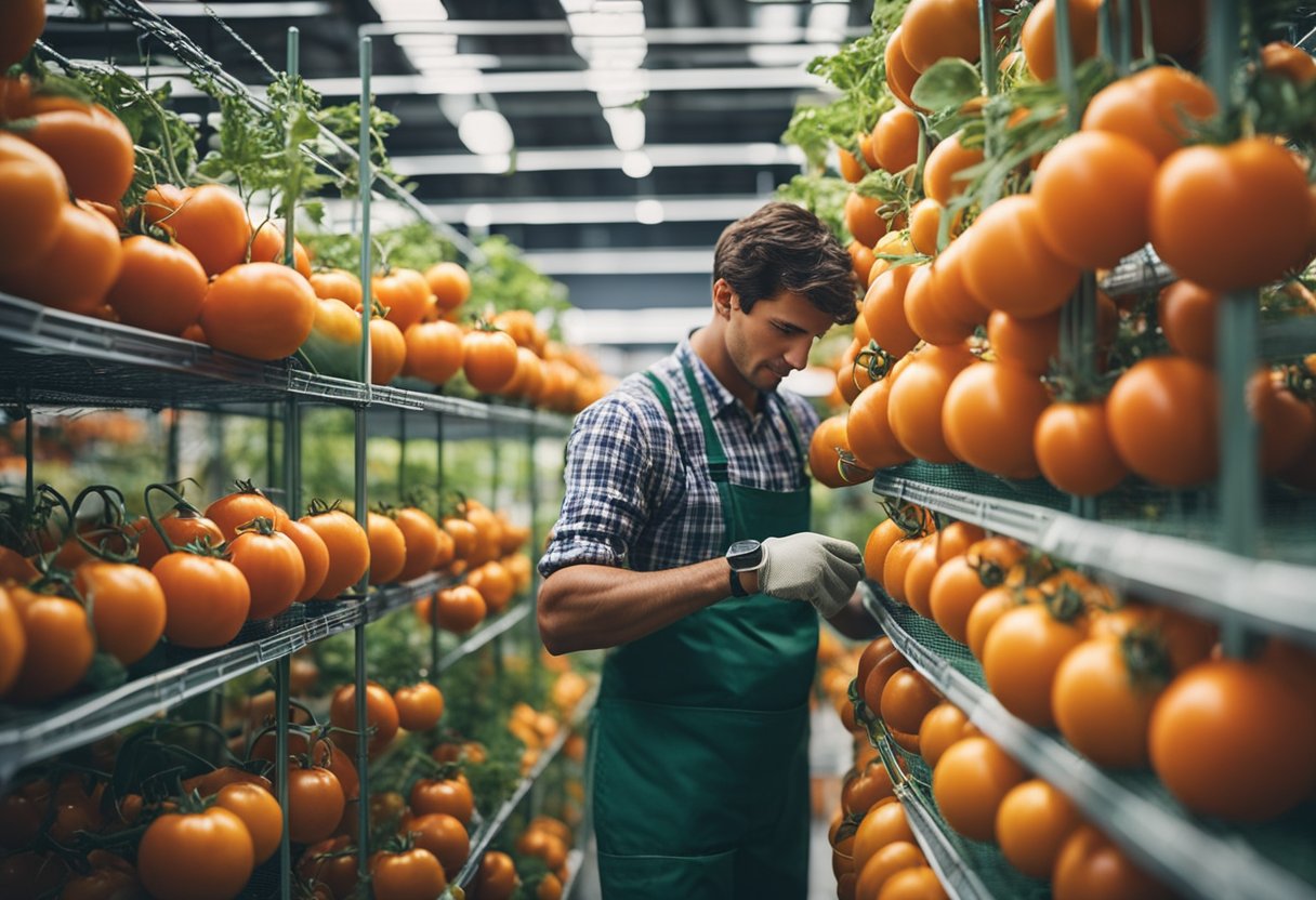 A gardener selects a sturdy tomato cage from a display at Home Depot