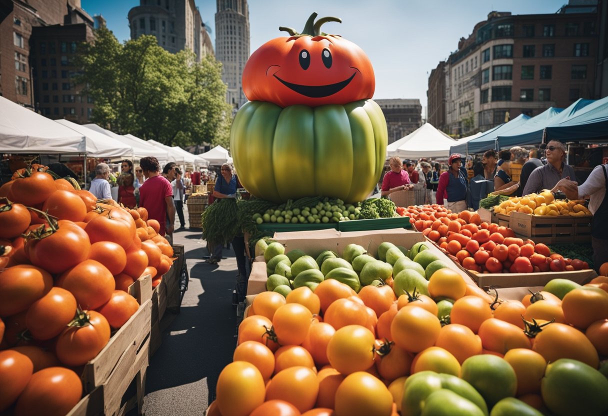 A giant tomato costume stands in a bustling farmer's market, surrounded by colorful produce and eager shoppers