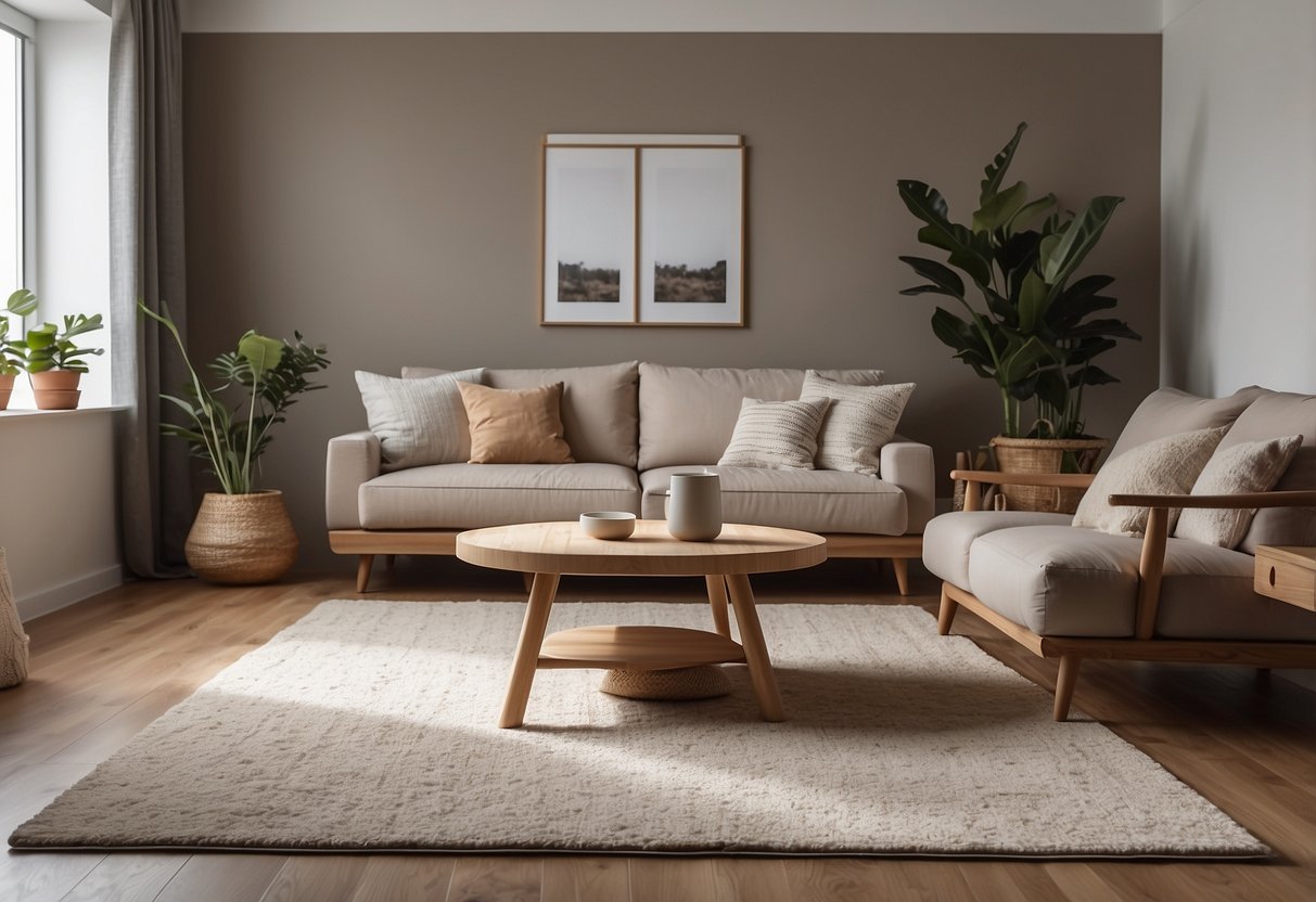 A room with reboard furniture arranged neatly, with a cozy rug and soft lighting