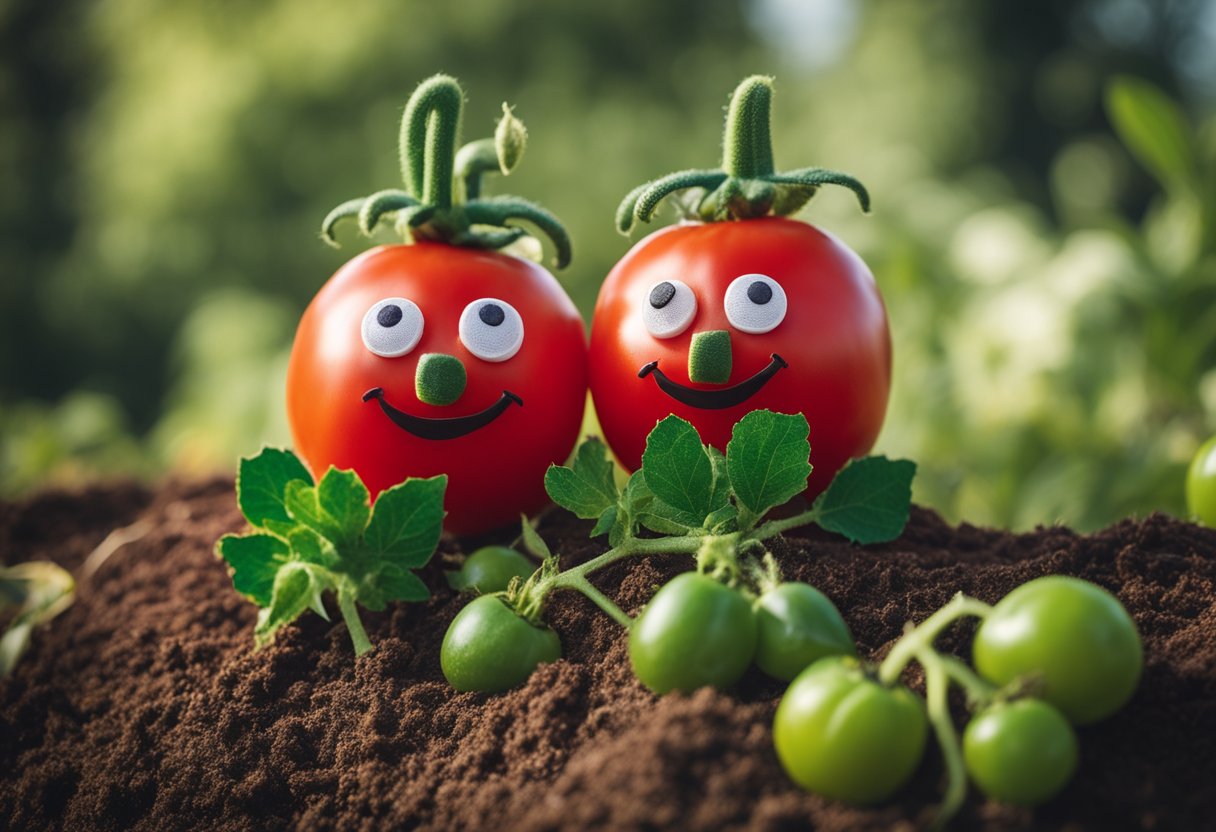 Three tomato costumes: classic red, cherry, and heirloom. Each costume has a green stem hat and seed details