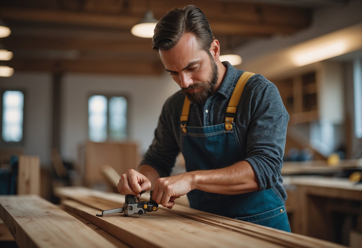 A carpenter assembling re-board furniture with precision tools and a focused expression