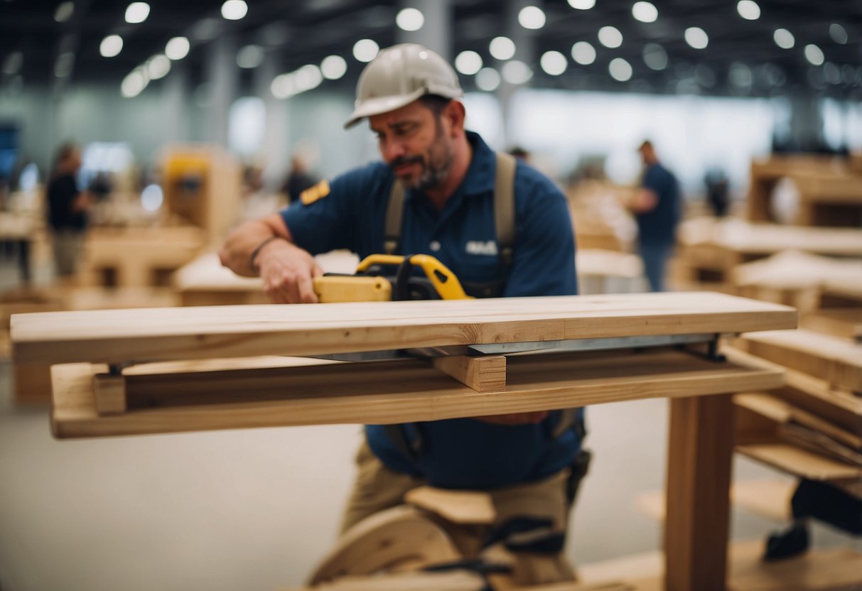 Furniture being reboarded at an exhibition or event. Tools and materials scattered around. A worker in action