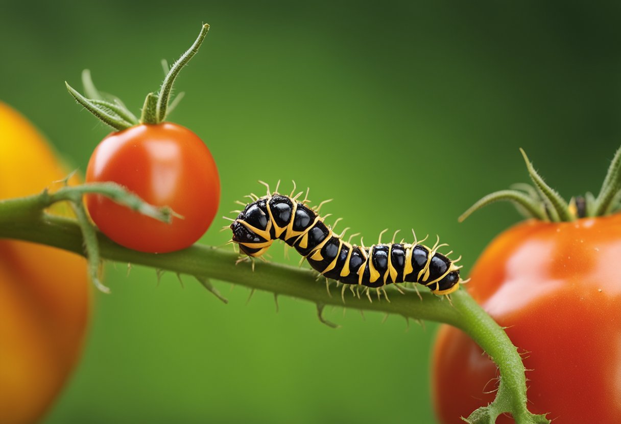 A tomato fruitworm caterpillar chews through a ripe tomato, leaving behind a trail of green frass and damage to the fruit
