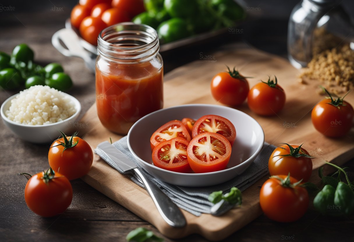 A ripe tomato sits on a cutting board, surrounded by a measuring cup of diced tomatoes, a nutrition label, and a knife